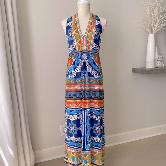 Hale Bob Boho Blue White Stretch Jersey Halter Open Back Maxi Dress Small - Picture 3 of 7